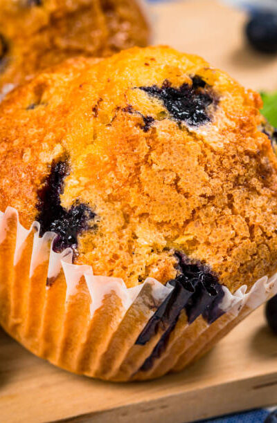Blueberry muffins with fresh blueberries on wooden background. selective focus.