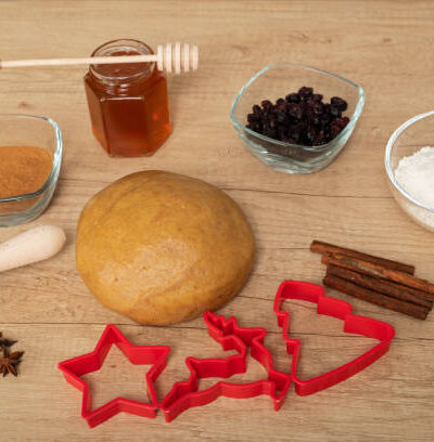Christmas recipes homemade gingerbread dough on wooden background