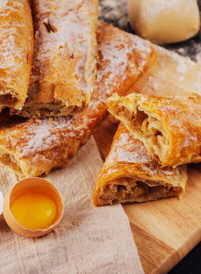 Sweet apple strudel with apples top view