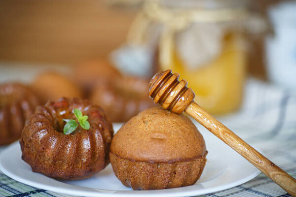 Sweet little honey cakes on a white plate